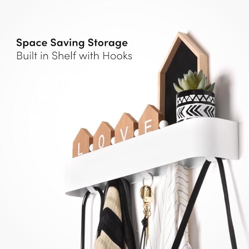 xympo Modern Wall-Mounted Coat Rack with Shelf – Heavy-Duty Steel, 5 Sturdy Hooks, Powder-Coated Finish, Space-Saving Entryway Organizer with Mounting Hardware – Sleek & Minimalist Design (White) - Image 2