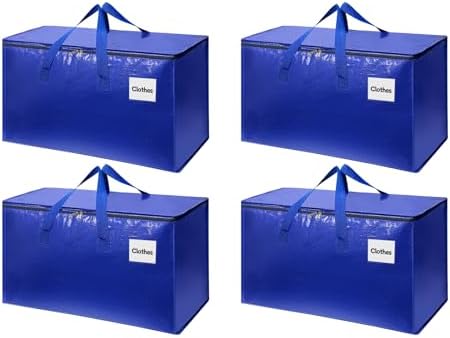 4 Pack XL Heavy Duty Moving Bags with Reinforced Stitching & Smooth Dual Zippers, Large Capacity Storage Totes for Clothes, Closet, Travel & Home Organization, Blue by YeueysMovingEasy