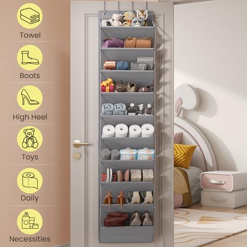 Mefirt 20-25 Pairs Over the Door Shoe Organizer, Clear Pockets Shoe Rack for Closet Door, 10-Tier Hanging Shoe Rack for Boots, Behind the Door Shoe Holder Fit All the Family's Sneakers, Heels, Grey - Image 2