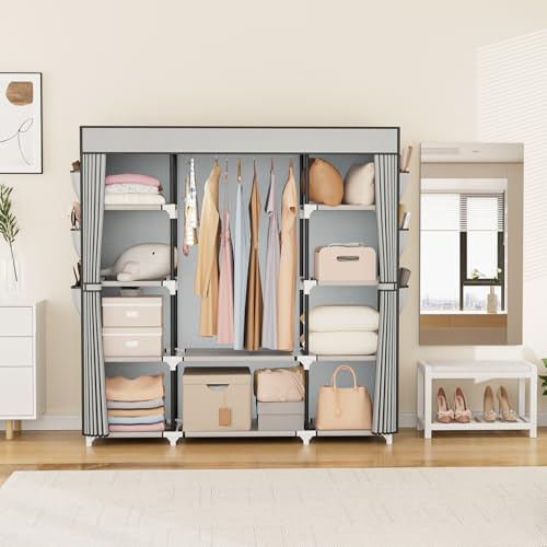 VTRIN Portable Closet Wardrobe for Hanging Clothes 57.3 Inch Large Capacity Clothes Rack with Cover, 10 Storage Organizer Shelves, 1 Hanging Rods and 6 Pockets, Free Standing Closet for Bedroom, Grey - Image 2