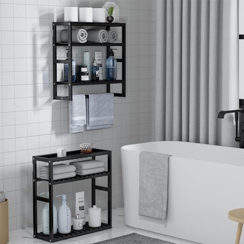 PPN Towel Rack Bathroom Storage Shelves Over The Toilet with Towel Bar 100% Bamboo Adjustable Height Floating Shelf Wall Shower Shelf for Small Space Bathroom Kitchen Multi Usage (Black-2Pack) - Image 3