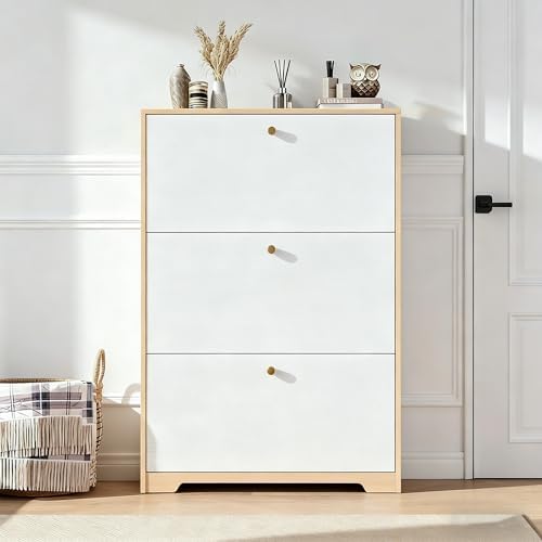 Nicetree Shoe Storage Cabinet with 3 Flip Drawers, Natural Oak and White - Image 5