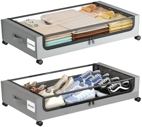 Under Bed Storage with Wheels,XXL 60L Under Bed Storage Containers with Clear Lids, Rolling Under Bed Metal Drawer for Clothes, Shoes,Toys(Gray, 2 Pack) by Gofujuco