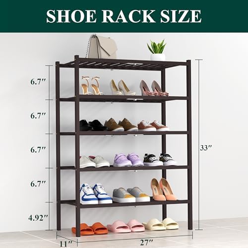 Smiry Bamboo Shoe Rack, 14 Vertical Slats, 5 Tier - 26.8" Wide, Brown - Image 2
