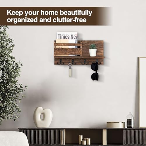 Key and Mail Holder for Wall Decorative - Rustic Mail Organizer Wall Mount, Wooden Letter Sorter Organizer with 4 Key Rack Hooks for Hallway Kitchen Farmhouse Decor (Brown) - Image 3
