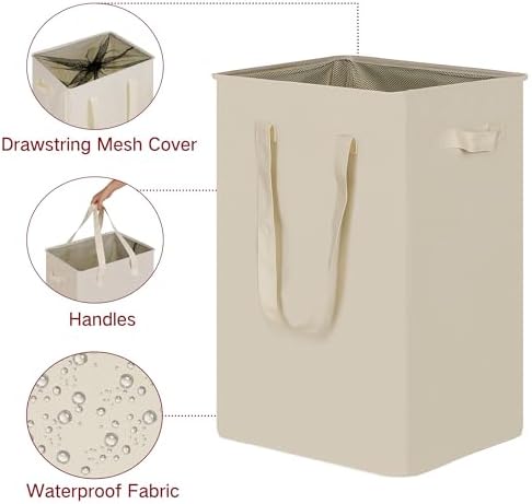 efluky Slim Laundry Basket, Narrow Laundry Hamper with Handles, Collapsible Dirty Clothes Hamper, Tall Laundry Bin for Laundry Room, Dorm and Bedroom, 90L Beige - Image 3
