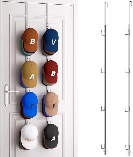 HapiRm Over Door Hat Rack - 2 Packs Hat Organizer with 8 Hooks Design, Hanging Baseball Cap Organizer Storage Holds Up to 40 Caps for Door, Bedroom, Closet (Sliver) by HapiRm