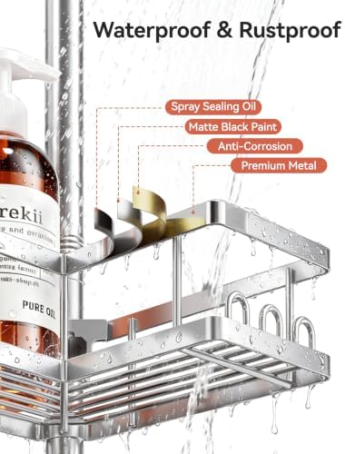 YASONIC Corner Shower Caddy Tension Pole, 25.7-109.1in Adjustable Shower Shelves, Rust-Resistant Shower Organizer, No-Drill 3-Step Installation, Bathroom Shelves for Renters & Family, Silver - Image 5