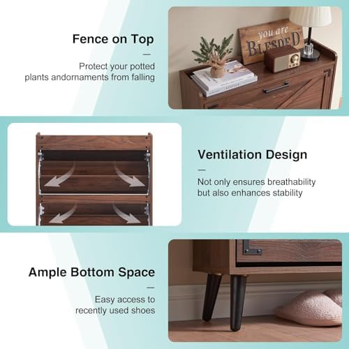 Barnyatoh Farmhouse Shoe Storage Cabinet with 2 Flip Drawers & Barn Door - Image 4