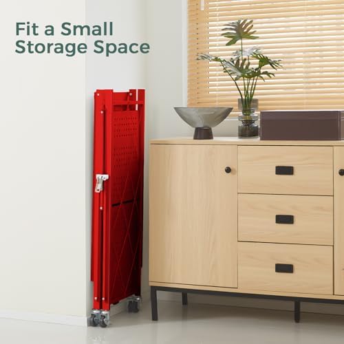 DEANIC 3 Tier Foldable Storage Shelves with Wheels, Kitchen Appliance Stand, Freestanding Metal Wire Shelf Rack, No Assembly Organizer Rolling Cart for Garage, Basement, Pantry(Red Pack of 2) - Image 6