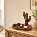 Acacia Wood Cactus Key Holder Tray with 4 Hooks, Entryway Organizer - Image 2