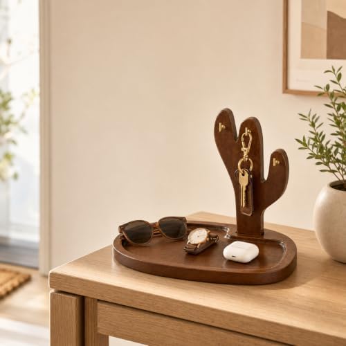 Acacia Wood Cactus Key Holder Tray with 4 Hooks, Entryway Organizer - Image 2