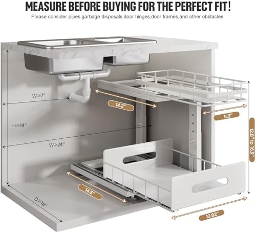 Under Sink Organizer Upgrade To Professional Rails,2-Tier Dual Pull Out Cabinet Storage,Height Adjustable Slide Out Drawers For Bathroom Kitchen,2 Pack-14.5" Dx12.8-16.9" H,White - Image 2