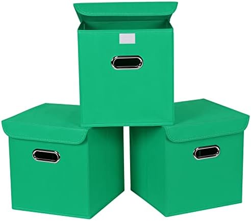 Closet Organizers Fabric Storage Bins With Lids Collapsible Cube Storages Organizer Basket With Handles,Storage Boxes for Clothes Storage,Office,Toys,3 Pack,（Green by SEVENDOME