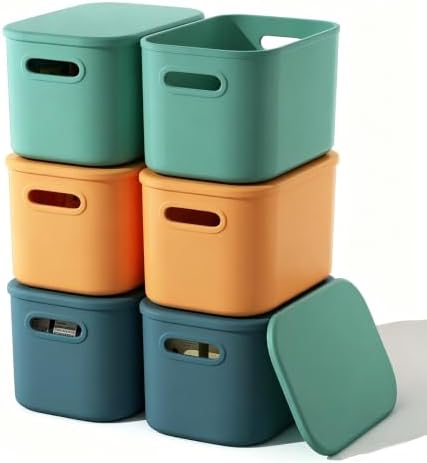 ORGIDOL 6 Pack Colorful Storage Bins with Lids Stackable Storage Container for Organizing, Storage Boxes with Handle for Shelves, Cute Storage Bin for Craft, Snacks, 9.85x6.9x5.7 inch by ORGIDOL