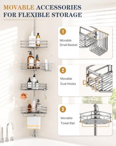 SEIRIONE Corner Shower Caddy Tension Pole, Quick Setup, Rust-Free Bathroom Shower Organizer Corner for Bathtub Shampoo Storage, 4-Tier Adjustable Shelf, Fits 34 to 116 Inch Height, Silver Gray - Image 4