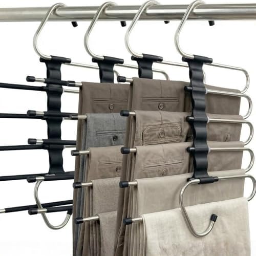 Pants Hangers Space Saving, 5 Tier Jeans Hanger for Closet, Black Multiple Heavy Duty Stainless Steel Pant Rack for Trousers, Legging with 20 Clips (4 Pack) by Feerahozer
