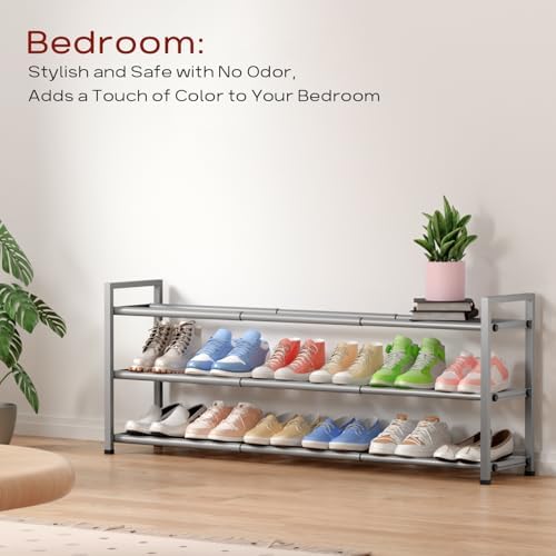 Bumusty 3 Tier Long Expandable Shoe Rack for Closet, Light Grey - Image 6
