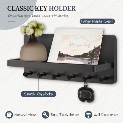 Nekon Key Holder for Wall with Shelf, Pine Wooden Key Hanger, Black - Image 2