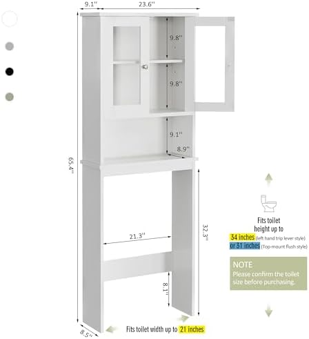 Over The Toilet Storage Cabinet for Bathroom, White Storage Organizer Over Toilet, Space Saver with Tempered Glass Doors, White - Image 2