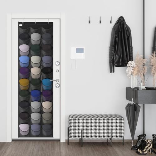 Baseball Hat Rack, 30 Pocket Over-The-Door Hat Organizer with Clear Deep Pockets to Display Baseball Caps Collection, Complete with 3 Over Door Hooks (Black, 30 Pockets) - Image 7