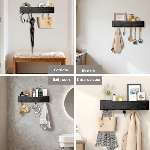 Wall Mounted Coat Rack with Shelf, Wooden Entryway Organizer with Hidden Metal Hooks for Hanging Coats Bags Keys, Modern Floating Shelf for Hallway Bathroom - Image 4