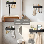 Wall Mounted Coat Rack with Shelf, Wooden Entryway Organizer with Hidden Metal Hooks for Hanging Coats Bags Keys, Modern Floating Shelf for Hallway Bathroom - Image 4