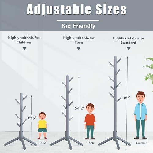 Haddockway Wooden Coat Rack Stand with 8 Hooks New Zealand Pine 3 Adjustable Coat Standing Tree Easy Assembly for Coats, Hats, Scarves and Handbags for Entryway, Hallway, Bedroom, Office - Image 5