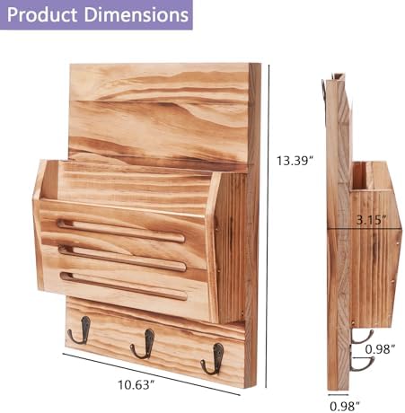 Wall Mounted Key and Mail Holder, 2-Slot Wooden Mail Sorter Organizer - Image 3