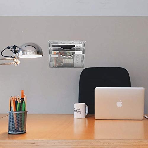 EASEPRES 3 Pocket Mesh Hanging Wall File Organizer, Wall Mounted Mail Paper Document Folder Holder, Clipboard Storage Organization Magazine Rack with Nametag Label for Office Home School, Silver - Image 5