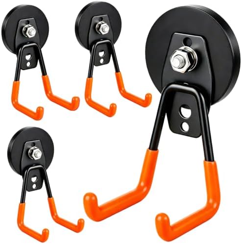 MUTUACTOR Magnetic Hooks,4Pack Strong Heavy Duty Magnet Hook for Hanging,Non-Slip Rubber Coated Utility Magnetic Hooks for Storage Garage Tools Power Drill Driver Tool Chest Locker(Orange) by MUTUACTOR