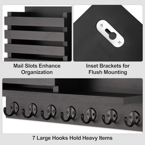 Lwenki Key Holder for Wall – Decorative Wooden Mail Holder and Key Shelf with Mounting Hardware, Installation Guide – Paulownia Wood with Metal Key Hooks (Black, Extra Large - 15.6inch) - Image 2