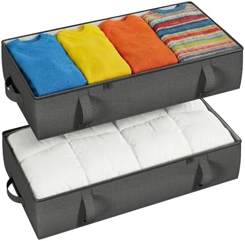 2-Pack Under Bed Storage Containers, 8 Inches Tall Clothes Storage, Black | Large Capacity Collapsible Underbed Organizer with Sturdy Sidewalls/Bottom, Cotton Linen Bins, For Seasonal Clothes & Bedding by Makestorageclosetolife