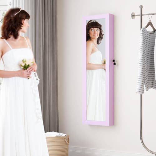 Full Length Mirror Jewelry Cabinet Organizer Lockable Door Wall-Mounted Jewelry Armoire with Shelves and Behind the Door Storage Pink - Image 6