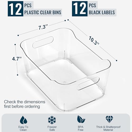 12 PACK Multi-Use Clear Plastic Storage Bins for Organizing w/Labels - Home, Kitchen, Pantry, Bathroom, Office, Cabinet Shelf Organizer Bins - SOHO Collection, RV, Fridge Organization Containers - L - Image 7
