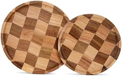 Wood Serving Trays - Set of 2 Round Serving Platters, Wooden Decorative Board Charcuterie Boards for Serving Breakfast Dinner Appetizers Coffee BBQ Party (1 x 9.4 in, 1 x 7.8 in) by TJPOP