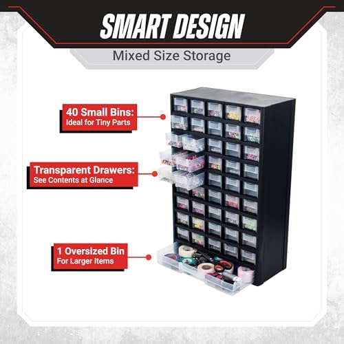 Storage Bin with Drawers - 41-Drawer Plastic Tool Organizer - Hardware or Craft Cabinet for Storing Beads, Toys, or Nuts and Bolts by Stalwart (Black) - Image 3