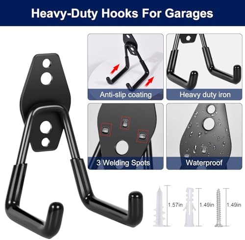 18 Pack Garage Hooks, Anti-Slip Coating, Hooks for Hanging Heavy Duty for Garages, Bicycles, Ladders, Gardening, Tools, Including 3 Organizing Straps - Image 3