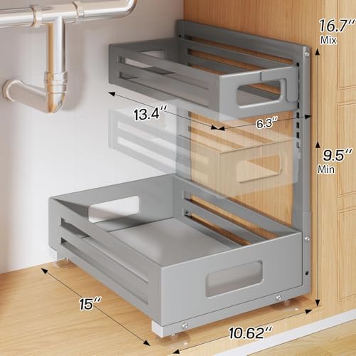 2 Pack Under Sink Organizer,Pull Out Cabinet Organizer With Smooth Cylindrical Rail,Metal Slide Out Drawer for Kitchen Bathroom Laundry Cabinet,8-Level Tool Free Height Adjustable-Gun Gray - Image 2