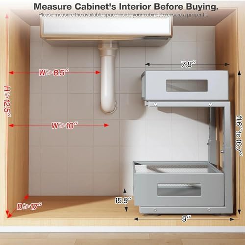 Under Sink Organizer,2-Tier Dual Pull Out Cabinet Organizer Drawers With Smooth Circular Rail,Large Capacity Metal Mesh Sliding Shelves For Bathroom& Kitchen Storage,Height Adjustable–Gun Gray,2 Packs - Image 2