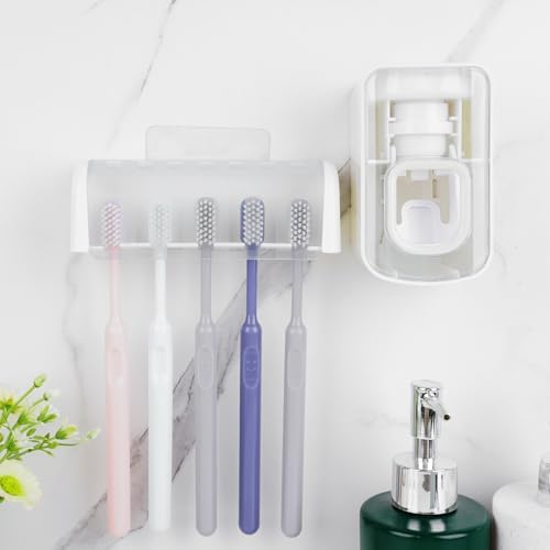 5 Slots Wall Mount Toothbrush Holder with Cover, Self Adhesive Toothbrush Storage Organizer for Shower, Toothbrush Hanger with Automatic Toothpaste Squeezer Dispenser - Image 4