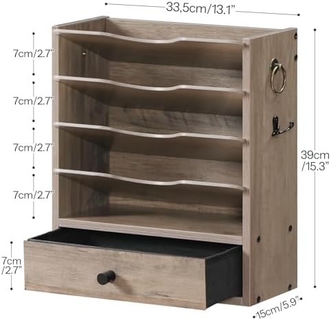 HOOBRO Wall File Organizer, Mail Organizer Wall Mounted, Wooden Mail Sorter, Construction Paper Holder with Drawer Storage and 2 Hooks, for Office, Classroom, Home, Greige BG14WF01 - Image 3