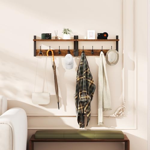 YMYNY Coat Rack Wall Mount with Shelf and Hooks, Rustic Brown UHWS001H-2 - Image 6