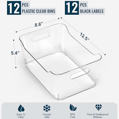 12 PACK Multi-Use Clear Plastic Storage Bins for Organizing w/ Labels - Home, Kitchen, Pantry, Bathroom, Office, Cabinet Shelf Organizer Bins - SOHO Collection, RV, Fridge Organization Containers -XL - Image 7