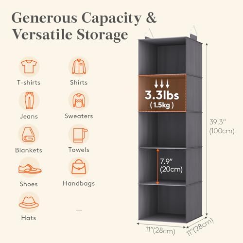 Lifewit Hanging Closet Organizer and Storage for Clothes 5 Tier | Portable, Foldable, Fabric, Top of Shelves with 2 Sturdy Hooks, Clothing Organization for Wardrobe, Dorm, Bedroom, Gray - Image 3