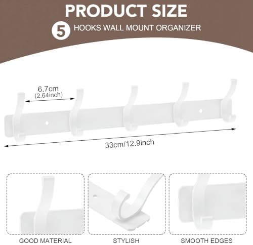 Wall Mount Coat Rack 2 Pack, White Coat Hooks Hanger with 5 Double Hooks - Image 2