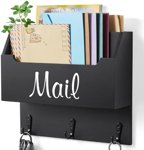 DRASTAR Mail Organizer Wall Mounted, Wooden Mail Sorter & Key Holder for Wall, Hanging Mail Organizer, Black Mail Basket for Home Office by EnhanceYourDailyLife