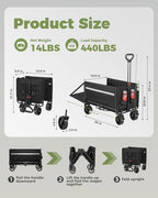 Collapsible Wagon 440lbs Load 42.5" Extra Long with Brake, Cover, Tailgate - Image 2