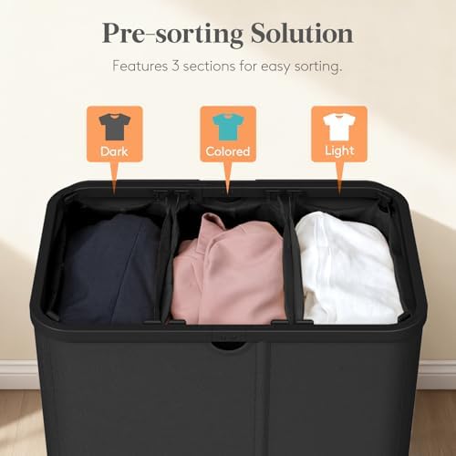 Lifewit 185L 3 Section Laundry Hamper with Lid, Laundry Basket, Black - Image 3