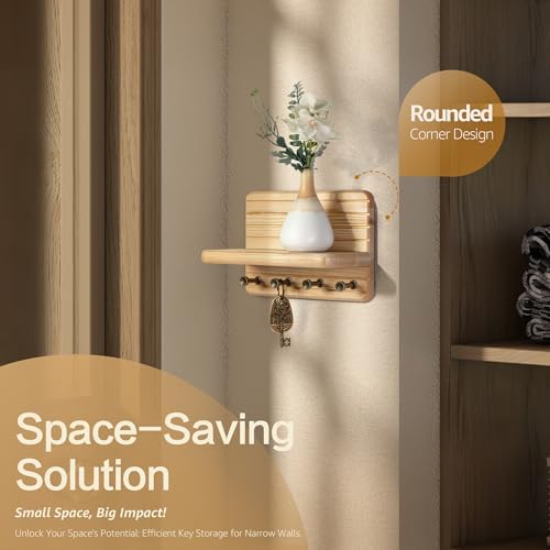 Rebee Vision Key Holder Wall Mount with 4 Hooks for Entryway, Natural Wood - Image 2